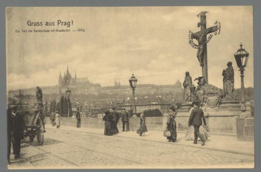 Greetings from Prague! Part of the Charles Bridge with the Hradschin