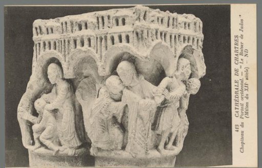 Cathedral of Chartres. Capital of the Western Portal. "The Kiss of Judas" (Mid-12th Century)