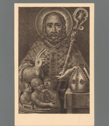 St. Nicholas with the boys brought back to life. Copper engraving (circa 1600). Brussels, Royal Library