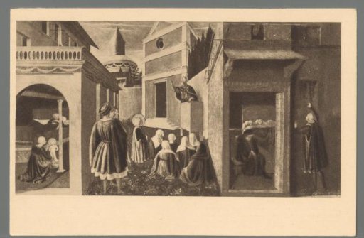 Fra Angelico (1378-1455). St. Nicholas immediately after his birth - listens to a sermon - throws a dowry through the window - Rome, Vatican Pinacoteca