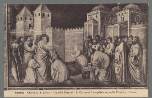 Florence. Church of S. Croce. Peruzzi Chapel. Saint John the Evangelist resurrects Drusiana (Giotto)