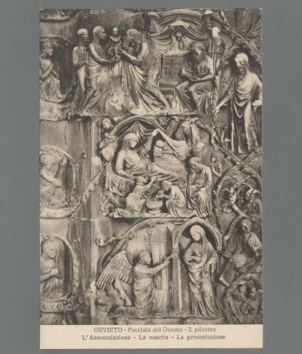 Orvieto. Facade of the Duomo. 3rd pillar. The Annunciation. The Nativity. The Presentation