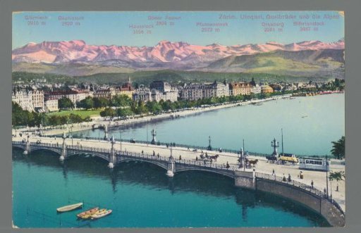 Zurich. Utoquai, Quaibrücke and the Alps