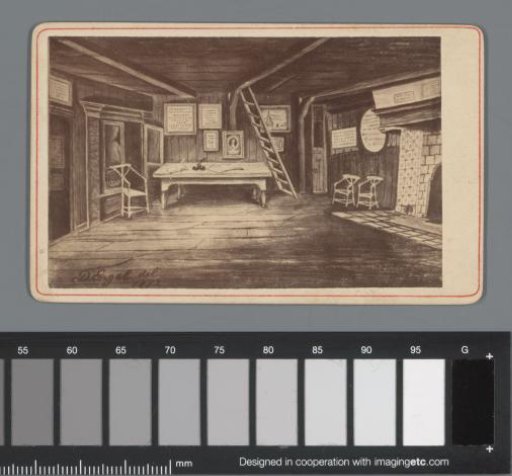 Photoreproduction of a drawing of the interior of the Tsar Peter House in Zaandam