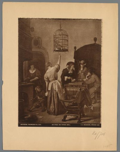 Photographic reproduction of the painting The Parrot Cage by Jan Steen