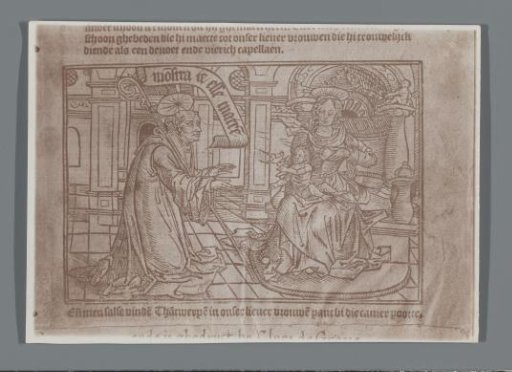 Photographic reproduction of a woodcut of a saint with the Virgin Mary and the Christ Child