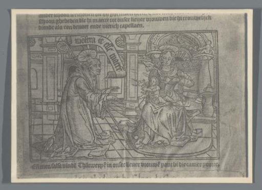Photographic reproduction of a woodcut of a saint with the Virgin Mary and the Christ Child