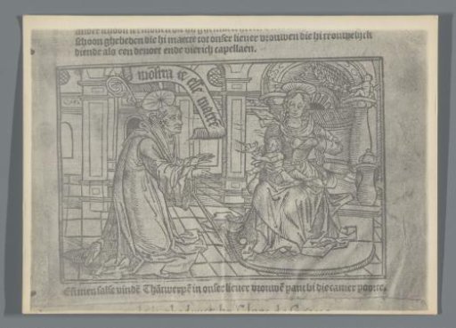 Photographic reproduction of a woodcut of a saint with the Virgin Mary and the Christ Child