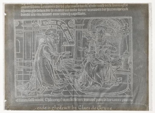 Photographic reproduction of a woodcut of a saint with the Virgin Mary and the Christ Child