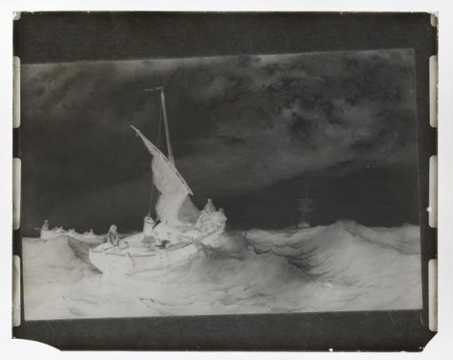 Photographic reproduction of a painting of a fishing boat at sea