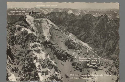 View from the airplane on the Zugspitze summit 2966 m and the main Alpine ridge, Tyrol