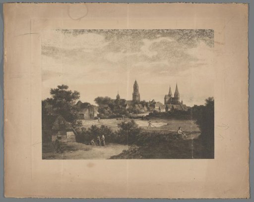 Reproduction of a painting with a city view and a bleaching field