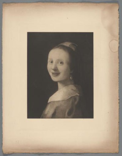 Reproduction of the painting Laughing Girl by an imitator of Johannes Vermeer
