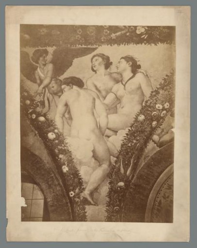 Photographic reproduction of a fresco by Raphael with Cupid and the Three Graces in Villa Farnesina in Trastevere, Rome