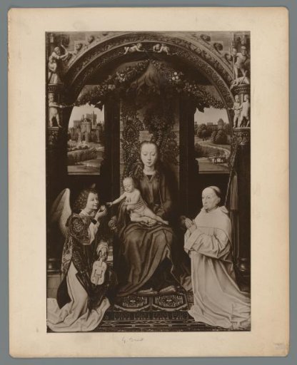 Photographic reproduction of a painting of the Madonna with Child, Angel and Cleric