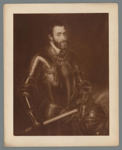 Photographic reproduction of a painted portrait of Emperor Charles V in armor with a baton, possibly after Juan Pantoja de la Cruz