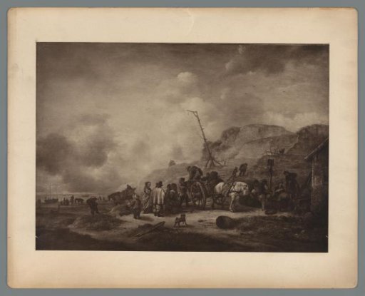 Photographic reproduction of a painting of a procession by the sea with fishing, possibly after Isaac van Ostade