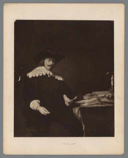 Photographic reproduction of a painted portrait of a man with a letter