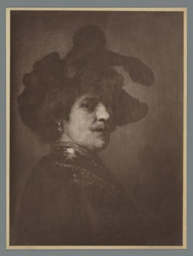 Photographic reproduction of the painting Tronie of a man with a feathered hat by Rembrandt van Rijn