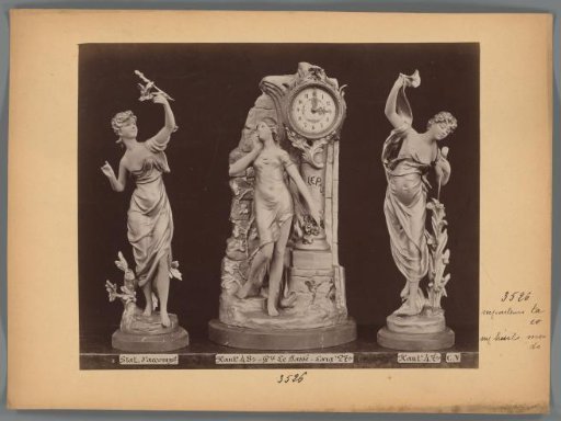 Photographic reproduction of three sculptures of female figures with a clock