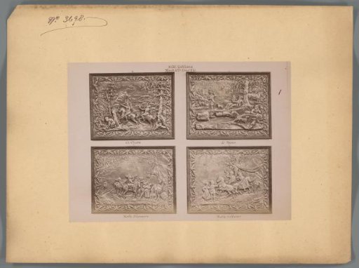 Photographic reproduction of four reliefs with hunting scenes