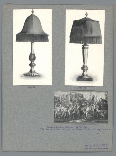 Three reproductions of two lamps from W.J. Stokvis' Royal Factory of Metalwork and the painting The Victory of Julius Caesar by Peter Paul Rubens