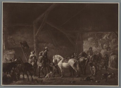 Photographic reproduction of the painting A Horse Stable by Philips Wouwerman