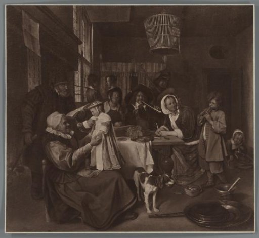 Photographic reproduction of the painting 'As the Old Sing, So Pipe the Young' by Jan Havicksz. Steen