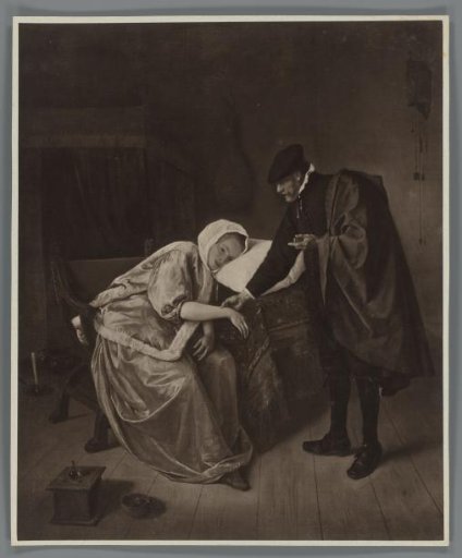 Photographic reproduction of the painting The Sick Woman by Jan Havicksz. Steen