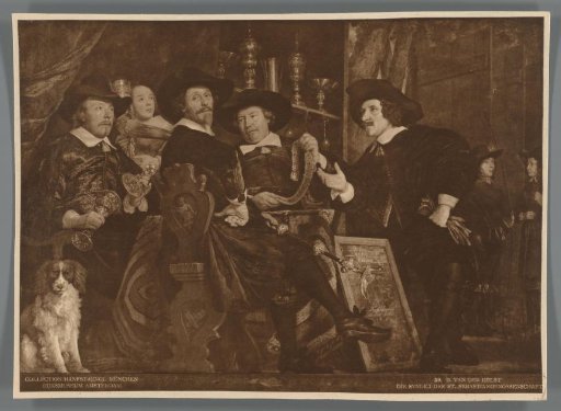 Photographic reproduction of a reproduction of a painted group portrait of the officers of the Crossbow or St. Sebastian's Guild by Bartholomeus van der Helst