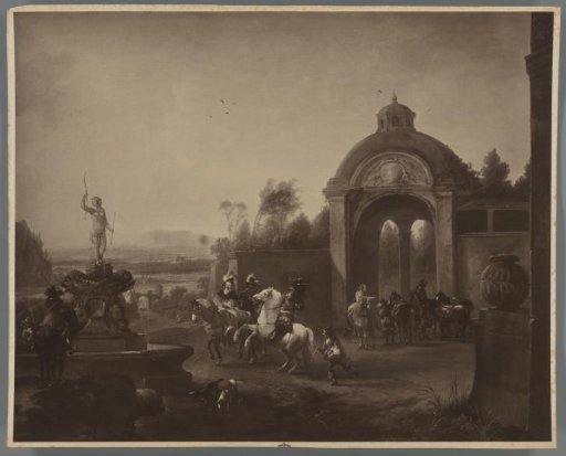 Photographic reproduction of the painting Hunting party at a fountain by Pieter Wouwerman