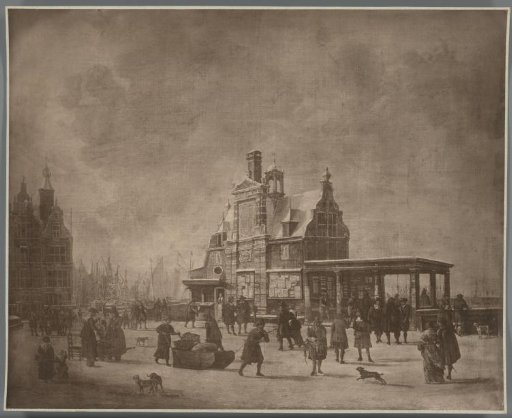 Photographic reproduction of the painting The Paalhuis and the Nieuwe Brug in Amsterdam in winter by Jan Abrahamsz. Beerstraten