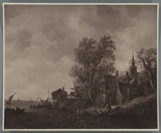 Photographic reproduction of the painting View of a Village on a River by Jan van Goyen
