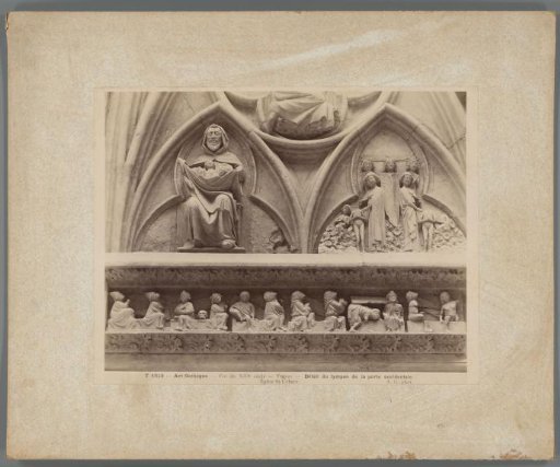 Photographic reproduction of a detail of the tympanum with the Last Judgment in the Basilica Saint-Urbain de Troyes, France