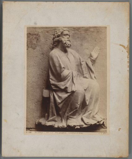 Photographic reproduction of a statue of a prophet in the Cathedral of Reims