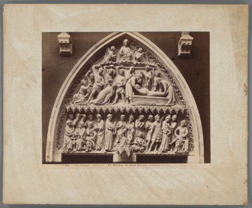 Photographic reproduction of a detail of a tympanum with the story of the martyr Saint Stephen in Notre-Dame de Paris