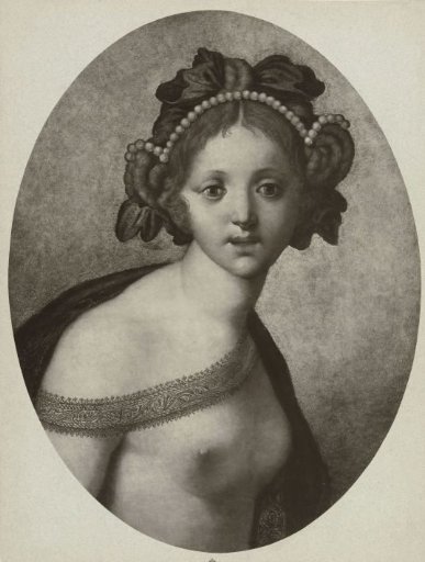 Photographic reproduction of a painting of a female figure, possibly a goddess