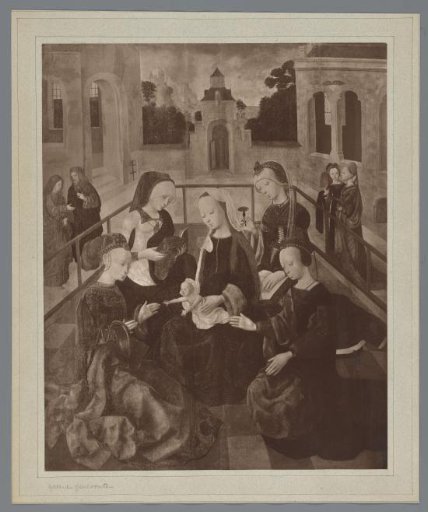 Photographic reproduction of a painting by the Master of the Virgo inter Virgines, 'Mary with Child and the Saints Catherine, Cecilia, Barbara and Ursula' (coll. Rijksmuseum)