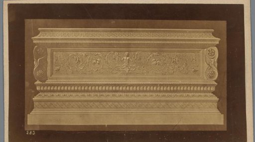Photographic reproduction of (presumably) a painting of a sarcophagus