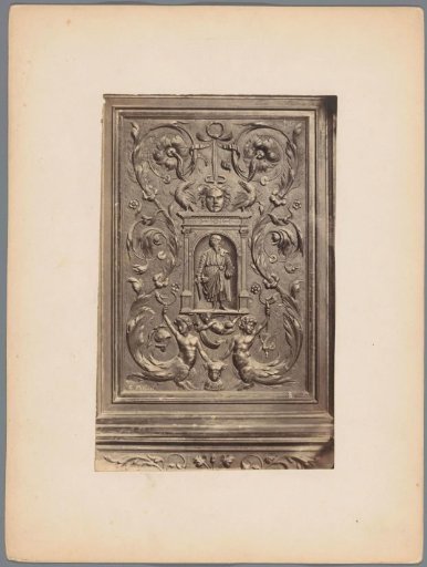 Panel with (presumably) the apostle Paul under an arch, head of Medusa, two birds and arabesques in relief