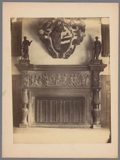 Interior with a coat of arms and a fireplace with Heracles and (possibly) Strength