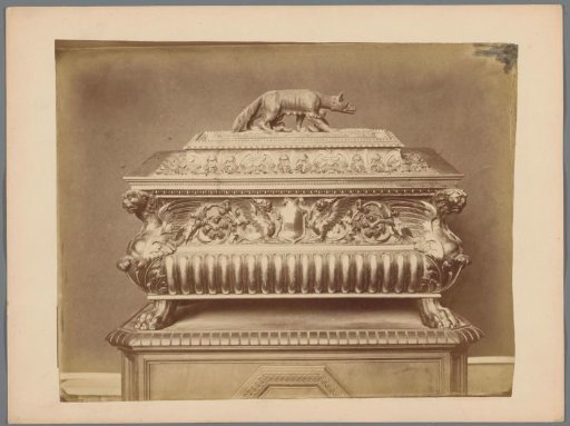 Chest with lid and a she-wolf suckling Remus and Romulus on top