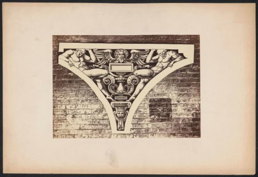 Ornamental print with two leaning figures on a wall