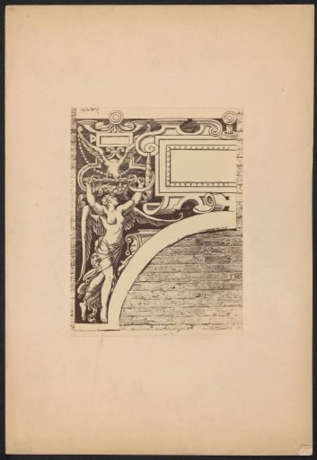 Ornamental print with a winged female figure on a wall