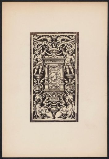 Ornamental print with fantasy creatures and a portrait on a wall