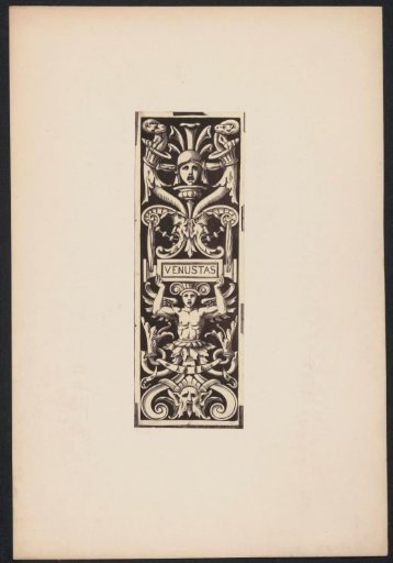 Ornamental print with a winged figure and masks on a wall