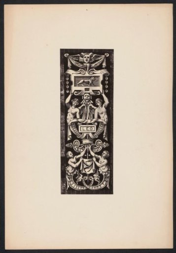 Ornamental print with winged female figures and a lion on a wall