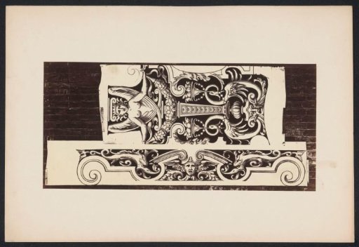 Two ornamental prints with a winged female figure and fantastic creatures on a wall