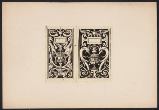 View of two ornamental prints with dragons and fantastic creatures