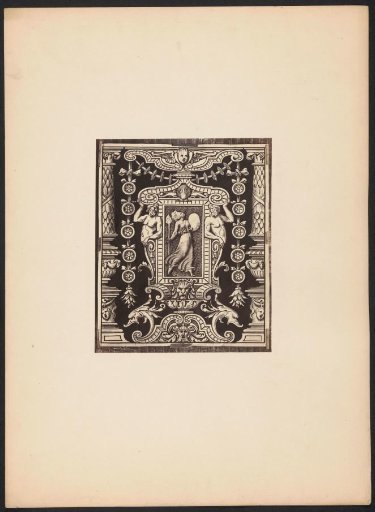 Ornamental print with fantasy creatures and a standing female figure on a wall